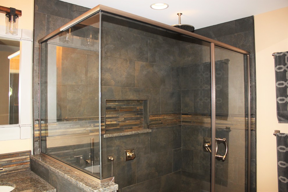 Example of a mid-sized transitional master gray tile and slate tile porcelain tile double shower design in Indianapolis with gray cabinets, a one-piece toilet, an undermount sink, granite countertops, recessed-panel cabinets and yellow walls