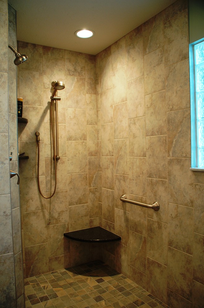 Example of a mid-sized transitional master multicolored tile and porcelain tile porcelain tile bathroom design in Columbus with an undermount sink, flat-panel cabinets, medium tone wood cabinets, quartz countertops and blue walls