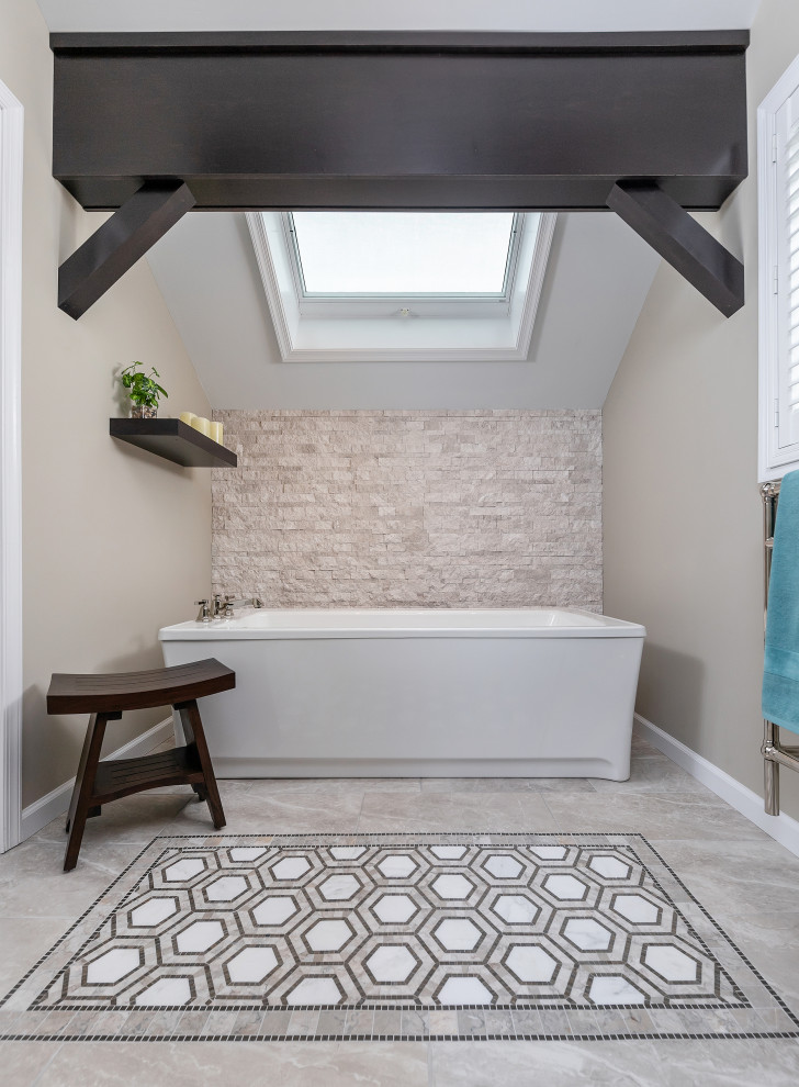 Transitional master gray tile and stone tile ceramic tile and gray floor bathroom photo in Philadelphia with brown cabinets, a two-piece toilet, gray walls, an undermount sink, quartzite countertops, a hinged shower door, gray countertops and recessed-panel cabinets