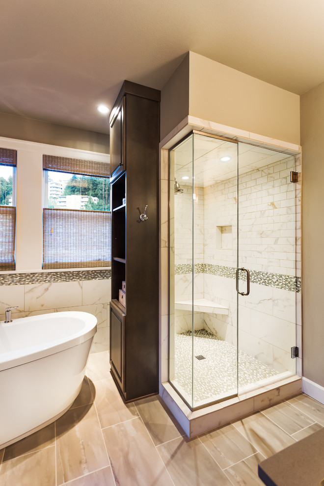 Example of a mid-sized transitional master white tile and stone tile ceramic tile bathroom design in San Francisco with an undermount sink, furniture-like cabinets, dark wood cabinets, quartz countertops, a one-piece toilet and beige walls