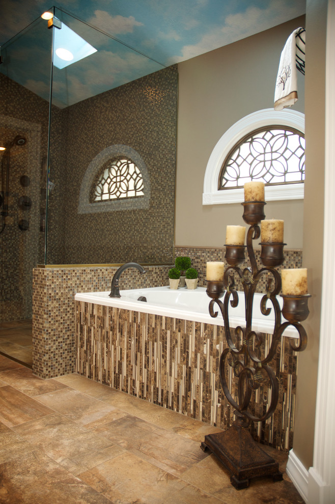 Mid-sized transitional master mosaic tile and brown tile porcelain tile walk-in shower photo in Other with an undermount sink, a hot tub, white cabinets, quartz countertops, beige walls, raised-panel cabinets and a two-piece toilet