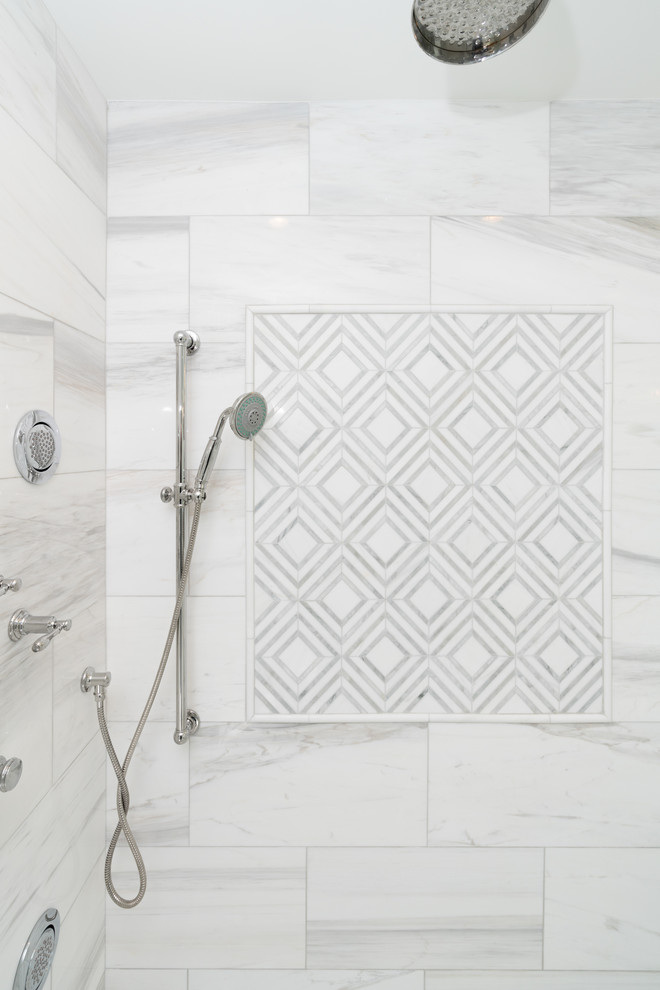 Large trendy master white tile and marble tile marble floor and white floor bathroom photo in Other with flat-panel cabinets, gray cabinets, gray walls, an undermount sink, quartzite countertops and a hinged shower door