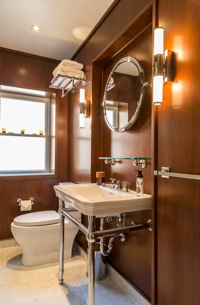 Small minimalist master marble floor and white floor bathroom photo in Detroit with dark wood cabinets, a two-piece toilet, brown walls and a console sink