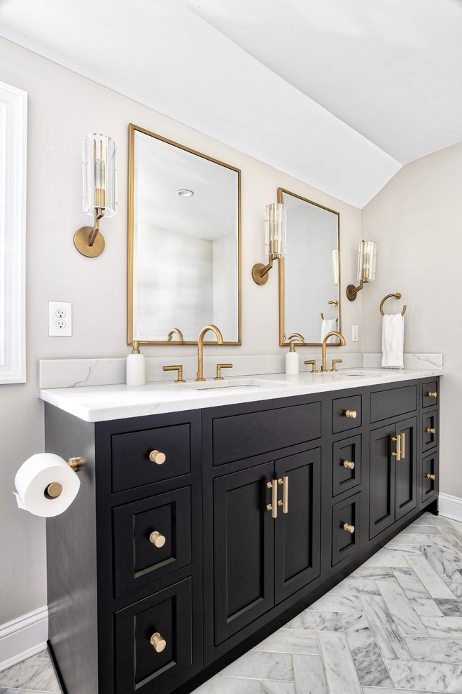 Example of a large transitional master marble tile marble floor and white floor alcove shower design in New York with beaded inset cabinets, black cabinets, an undermount sink, quartz countertops, a hinged shower door and white countertops