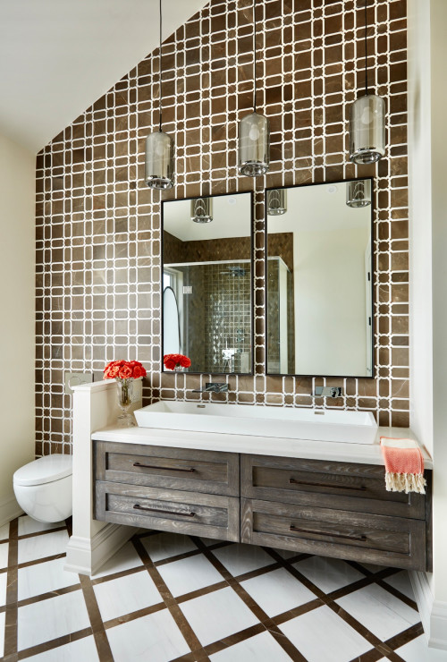 Earthy Appeal: Brown and White Marble Tiles with a Dark Wood Floating Vanity in French Country Bathrooms
