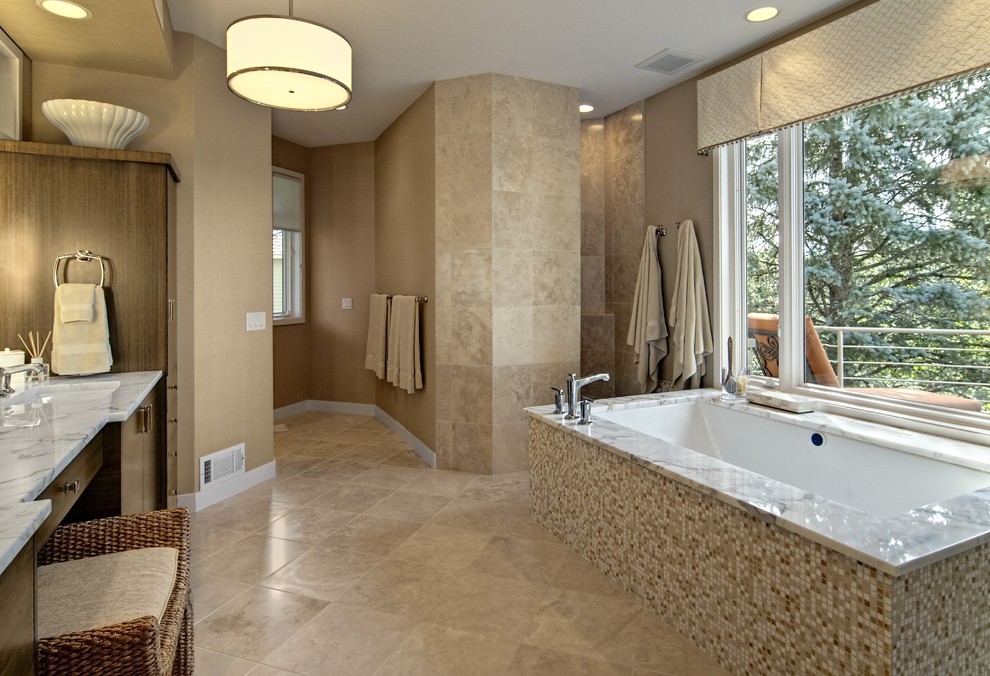 Bathroom - large contemporary master beige tile, brown tile, white tile and mosaic tile travertine floor bathroom idea in Minneapolis with flat-panel cabinets, dark wood cabinets, beige walls, an undermount sink and marble countertops