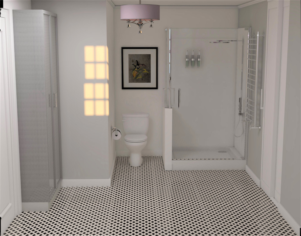 Idée de décoration pour une petite salle de bain principale tradition en bois brun avec un placard à porte shaker, WC séparés, un carrelage en pâte de verre, un mur gris, un sol en carrelage de céramique, un lavabo encastré, un plan de toilette en quartz, une cabine de douche à porte battante, un plan de toilette blanc, meuble double vasque, meuble-lavabo sur pied, du papier peint, une douche double et un sol multicolore.