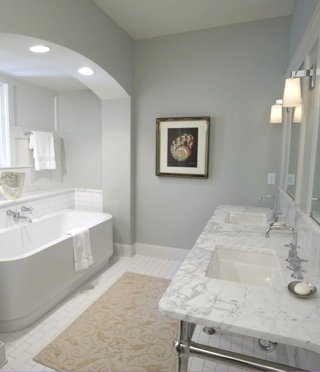 Inspiration for a mid-sized timeless master ceramic tile bathroom remodel in Minneapolis with blue walls, an undermount sink and marble countertops