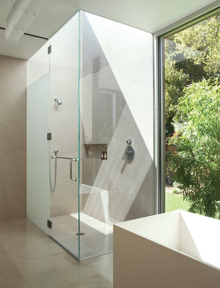 Photo of a modern bathroom in San Francisco with a freestanding bath.