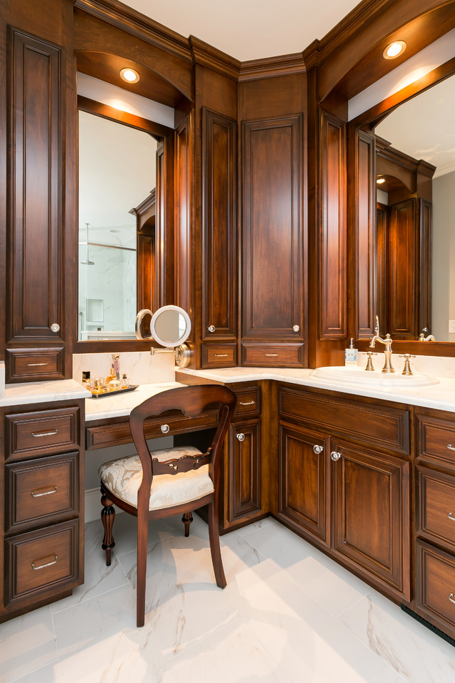 Master bathroom featuring a large custom wooden vanity - Traditional ...