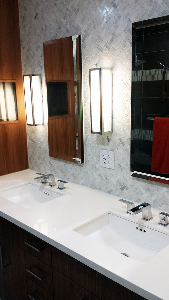 Doorless shower - mid-sized contemporary master white tile and mosaic tile porcelain tile doorless shower idea in Los Angeles with an undermount sink, flat-panel cabinets, medium tone wood cabinets, quartzite countertops, a bidet and gray walls
