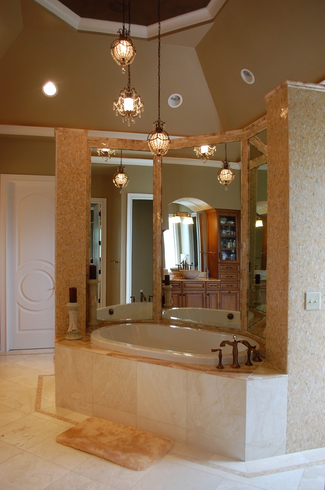 Inspiration for a mid-sized timeless master beige tile and porcelain tile porcelain tile bathroom remodel in Indianapolis with a drop-in sink, raised-panel cabinets, dark wood cabinets, granite countertops, a one-piece toilet and beige walls