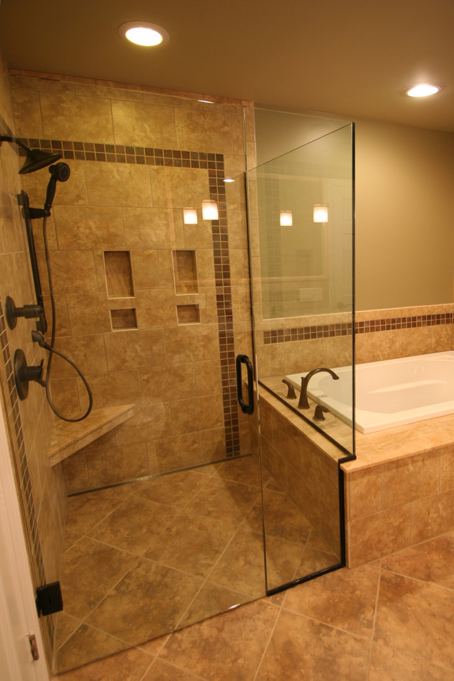 Design ideas for a medium sized classic ensuite bathroom in Detroit with beaded cabinets, medium wood cabinets, a built-in bath, a corner shower, a two-piece toilet, beige tiles, brown tiles, ceramic tiles, beige walls, ceramic flooring, a submerged sink and granite worktops.
