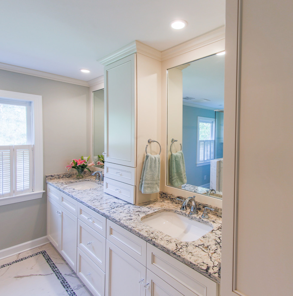 Inspiration for a mid-sized mediterranean master multicolored tile and porcelain tile marble floor double shower remodel in Other with an undermount sink, shaker cabinets, white cabinets, granite countertops, a one-piece toilet and gray walls