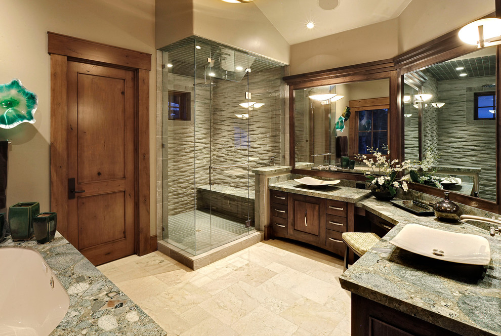 Inspiration for a timeless shower bench remodel in Salt Lake City with a vessel sink and green countertops