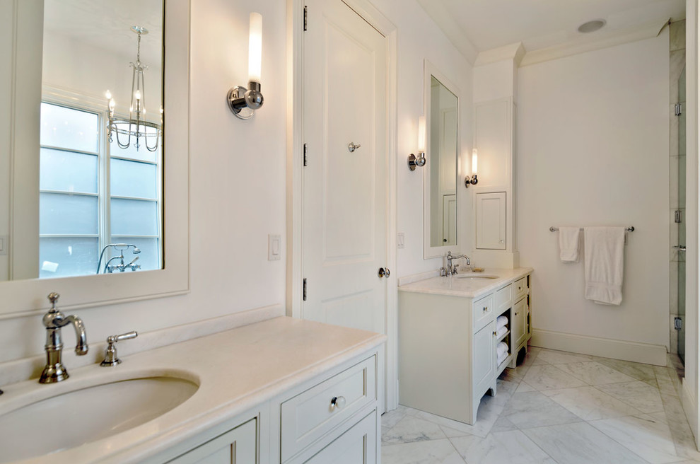 Alcove shower - mid-sized traditional master white tile and stone tile marble floor alcove shower idea in Chicago with an undermount sink, flat-panel cabinets, white cabinets, marble countertops and white walls