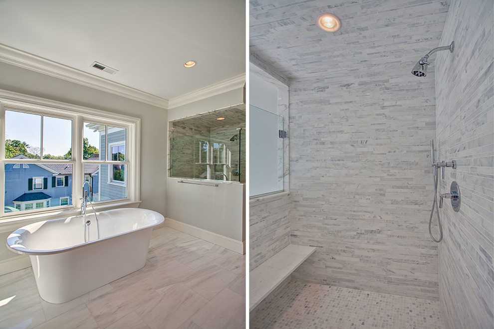 Esempio di una grande stanza da bagno padronale classica con ante in stile shaker, ante bianche, pareti bianche, pavimento in marmo, lavabo sottopiano, top in marmo e pavimento bianco