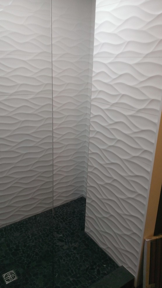 MASTER BATHROOM - Large Wave Tile Shower / Penny Tile Wainscot / Ikea
