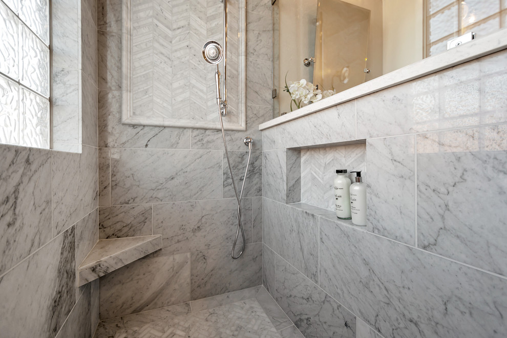 Bathroom - large transitional master gray tile and marble tile porcelain tile and gray floor bathroom idea in Phoenix with recessed-panel cabinets, white cabinets, gray walls, a drop-in sink, quartz countertops and white countertops