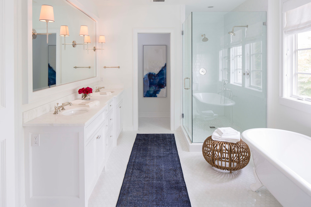 Large trendy master white tile and subway tile marble floor and white floor bathroom photo in Minneapolis with shaker cabinets, white cabinets, white walls, an undermount sink, a hinged shower door, a two-piece toilet and quartz countertops