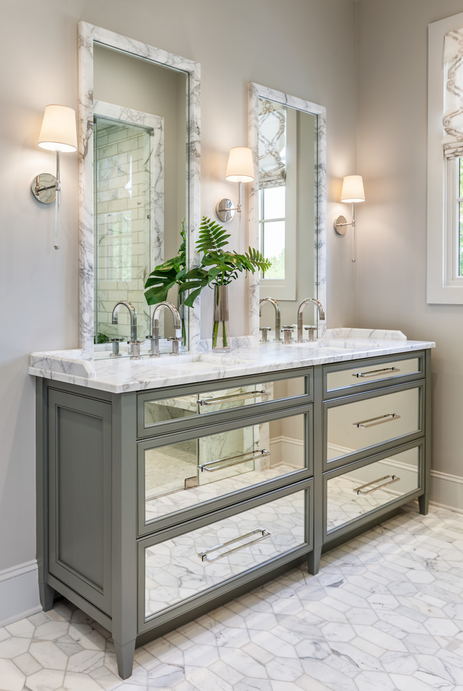 This is an example of a medium sized ensuite bathroom in Other with beaded cabinets, grey tiles, marble worktops, white worktops, grey cabinets, marble flooring, a submerged sink and white floors.