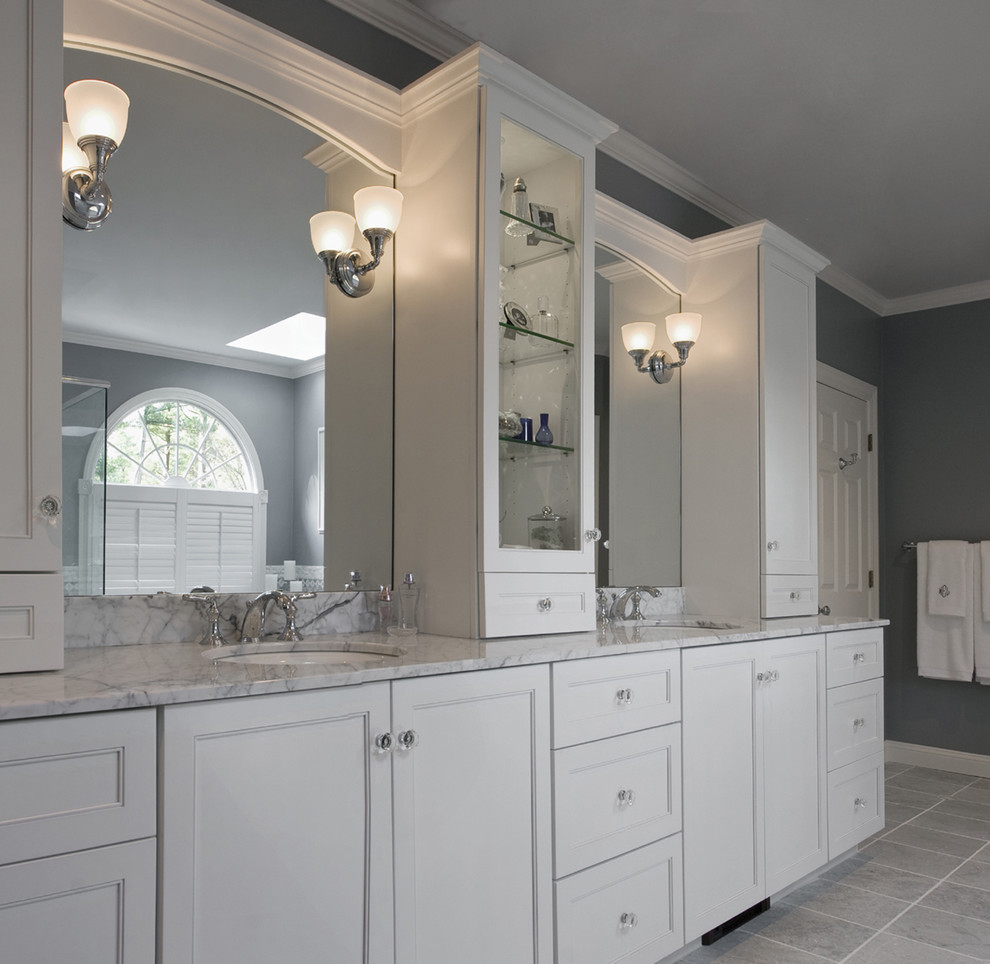Inspiration for a timeless bathroom remodel in Boston with marble countertops