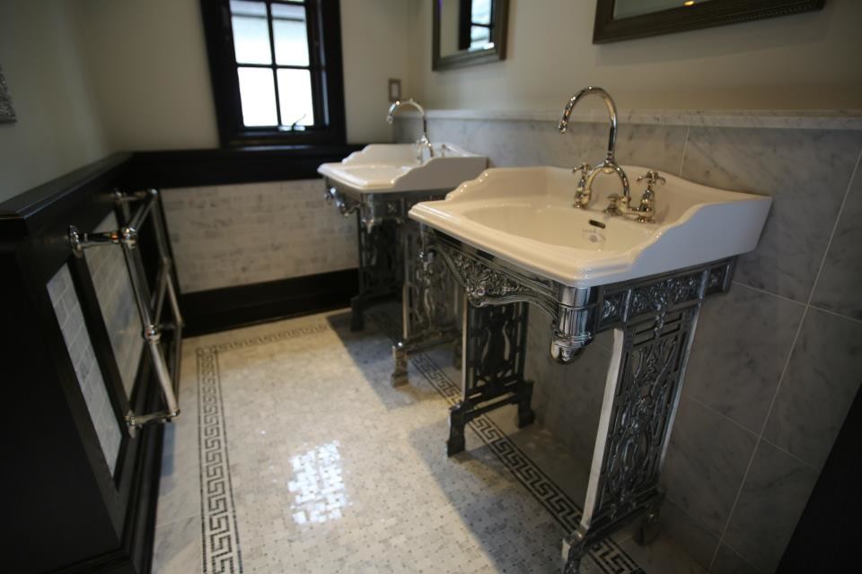 Freestanding bathtub - traditional master gray tile and mosaic tile mosaic tile floor freestanding bathtub idea in New York with a console sink
