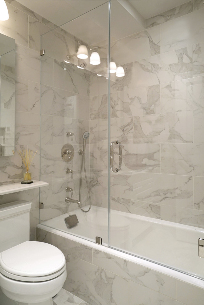 Bathroom - small traditional master white tile and porcelain tile porcelain tile bathroom idea in New York with an undermount sink, raised-panel cabinets, white cabinets, a one-piece toilet, white walls and quartzite countertops