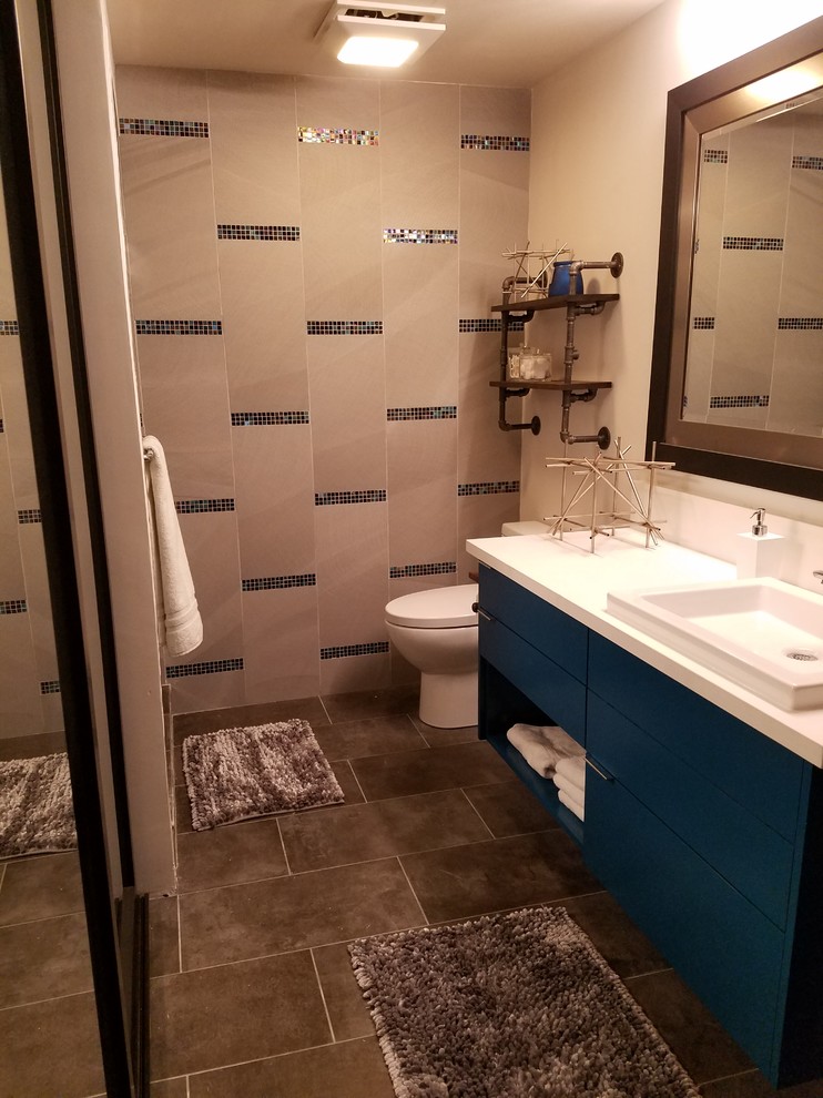 Inspiration for a mid-sized contemporary master white tile and mosaic tile porcelain tile and gray floor alcove shower remodel in Los Angeles with flat-panel cabinets, turquoise cabinets, a two-piece toilet, white walls, a vessel sink, quartz countertops and a hinged shower door