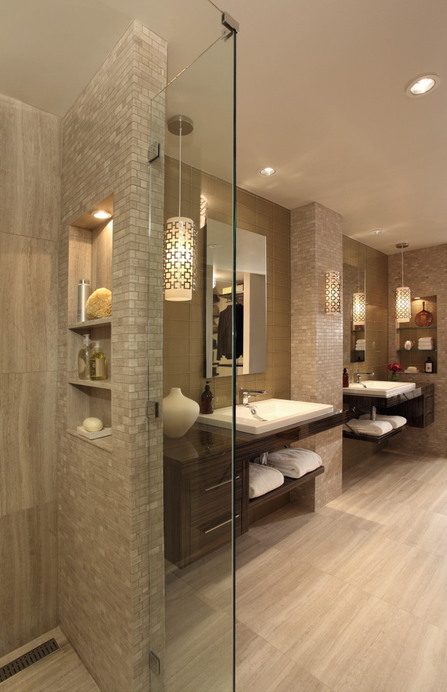 Inspiration for a contemporary bathroom remodel in Atlanta with open cabinets, dark wood cabinets, beige walls and a niche