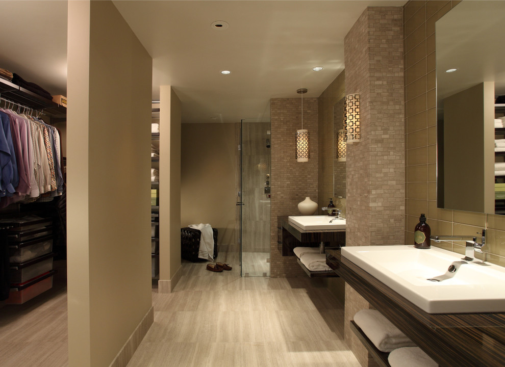 Example of a trendy beige tile and glass tile travertine floor walk-in shower design in Atlanta with a drop-in sink, open cabinets, dark wood cabinets, wood countertops and beige walls