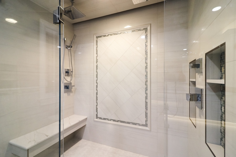 Inspiration for a huge transitional master white tile and porcelain tile porcelain tile and white floor bathroom remodel in Bridgeport with raised-panel cabinets, white cabinets, a one-piece toilet, gray walls, a vessel sink, quartz countertops, a hinged shower door and white countertops