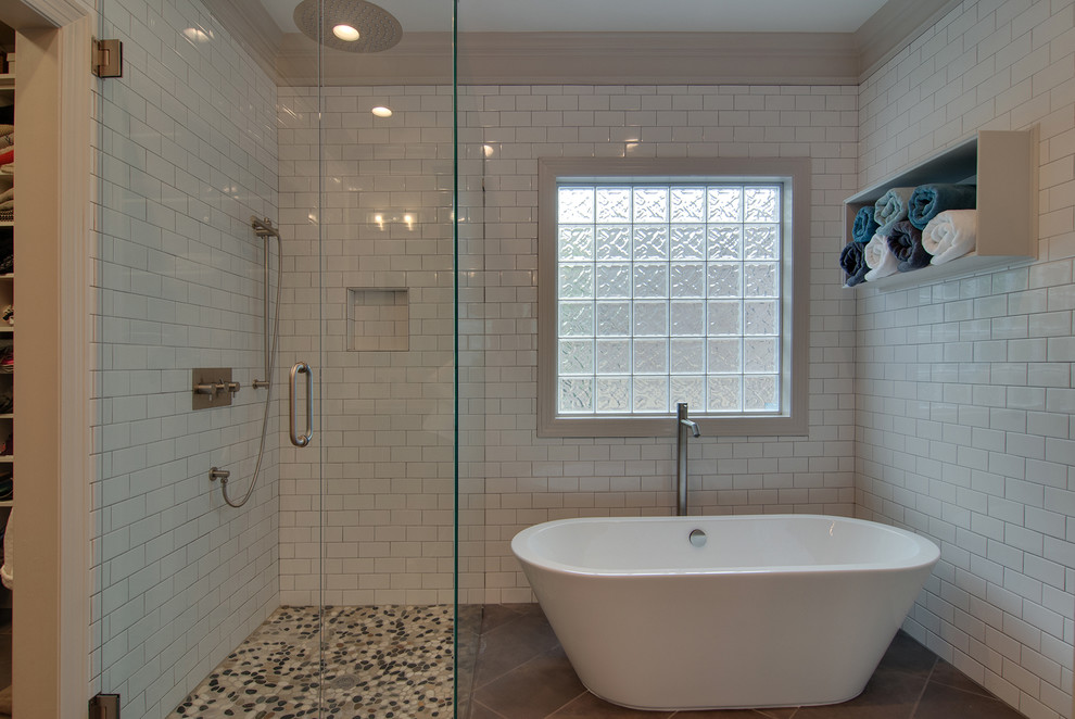 Bathroom - mid-sized modern master white tile and ceramic tile ceramic tile bathroom idea in Nashville with an integrated sink, a one-piece toilet and gray walls