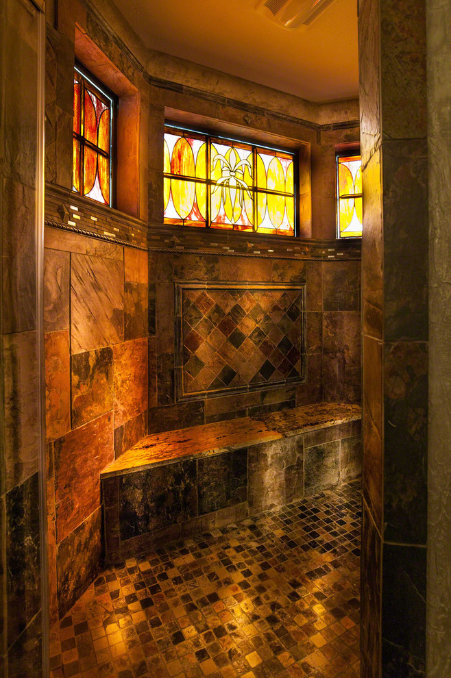 Doorless shower - huge eclectic master multicolored tile and stone tile doorless shower idea in Cleveland