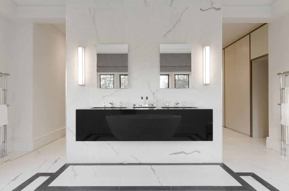 Design ideas for a large contemporary ensuite bathroom in Other with a freestanding bath, a double shower, white tiles, marble tiles, white walls, marble flooring, a wall-mounted sink, marble worktops, white floors and an open shower.