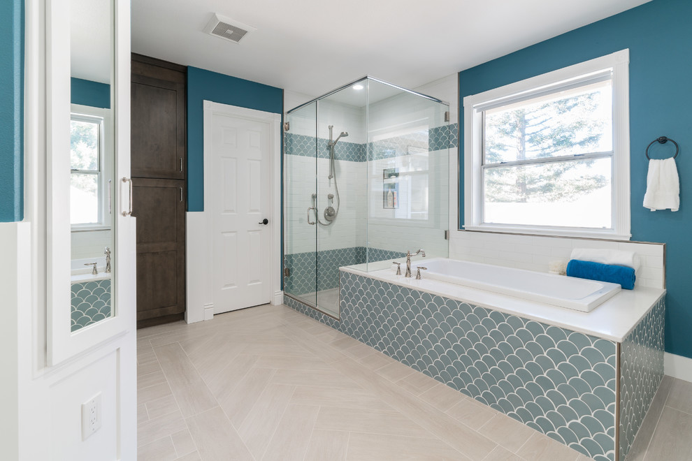 Inspiration for a large modern master white tile and subway tile ceramic tile and beige floor bathroom remodel in Miami with shaker cabinets, brown cabinets, a one-piece toilet, blue walls, an integrated sink, marble countertops, a hinged shower door and white countertops