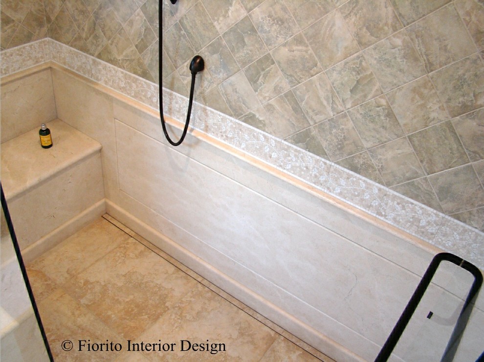 Bathroom - mid-sized traditional master beige tile and mosaic tile ceramic tile bathroom idea in San Francisco with an undermount sink, shaker cabinets, light wood cabinets, marble countertops and green walls
