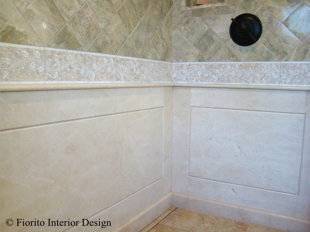 Example of a mid-sized classic master beige tile and mosaic tile ceramic tile bathroom design in San Francisco with a drop-in sink, shaker cabinets, light wood cabinets, marble countertops and green walls