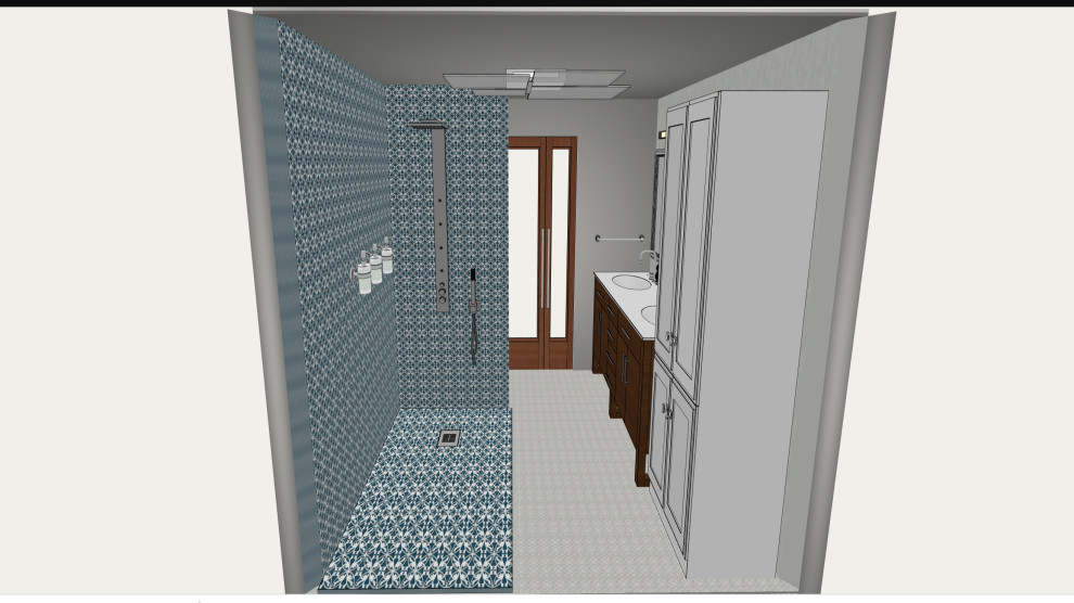 Example of a small 1960s master white tile and glass tile ceramic tile, white floor and single-sink bathroom design in Phoenix with flat-panel cabinets, medium tone wood cabinets, a two-piece toilet, beige walls, white countertops and a freestanding vanity