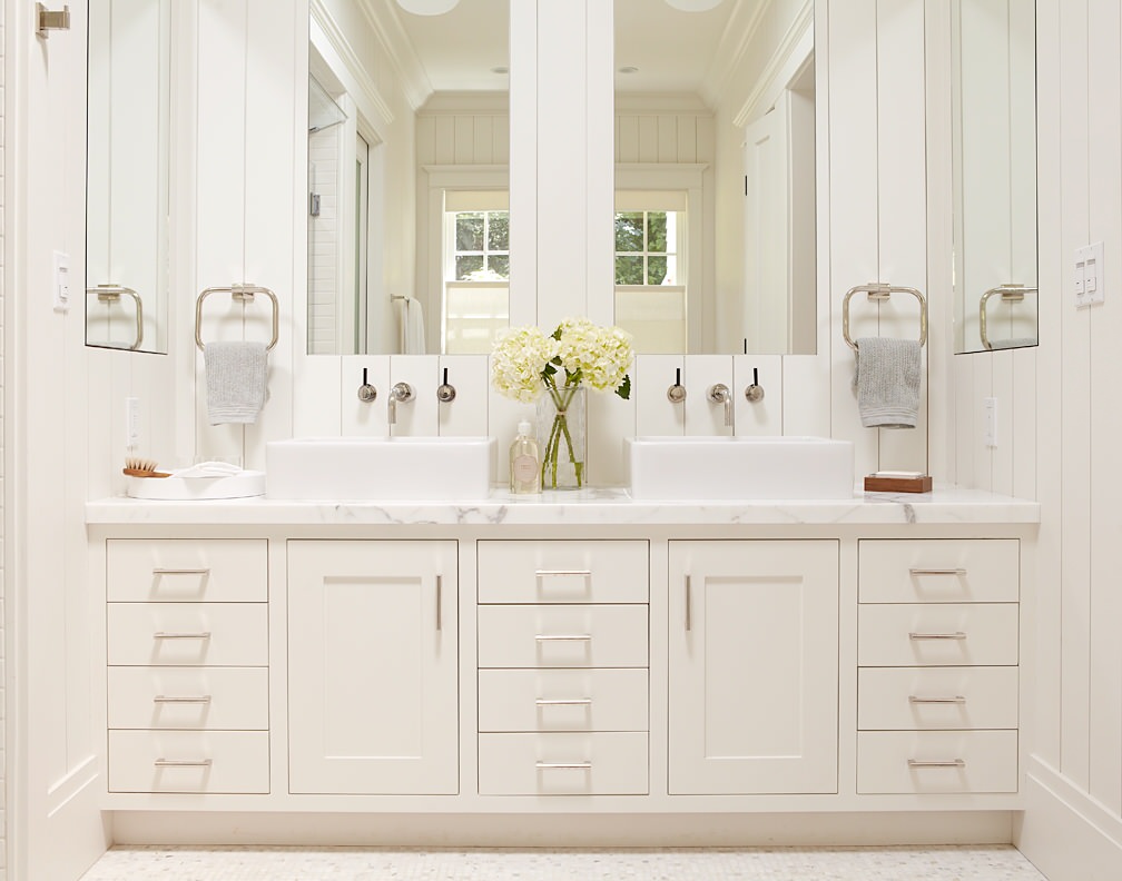 Master bathroom, white vanity with two sinks and large mirrors -  Traditional - Bathroom - San Francisco - by Rasmussen Construction | Houzz