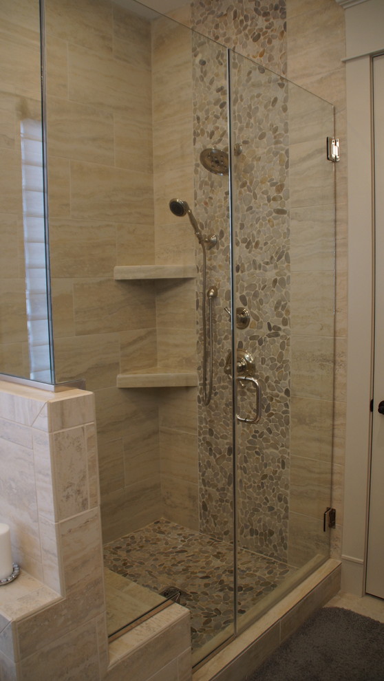 Bathroom - mid-sized transitional master beige tile and stone tile travertine floor bathroom idea in Kansas City with recessed-panel cabinets, white cabinets, a one-piece toilet, blue walls, an undermount sink and granite countertops