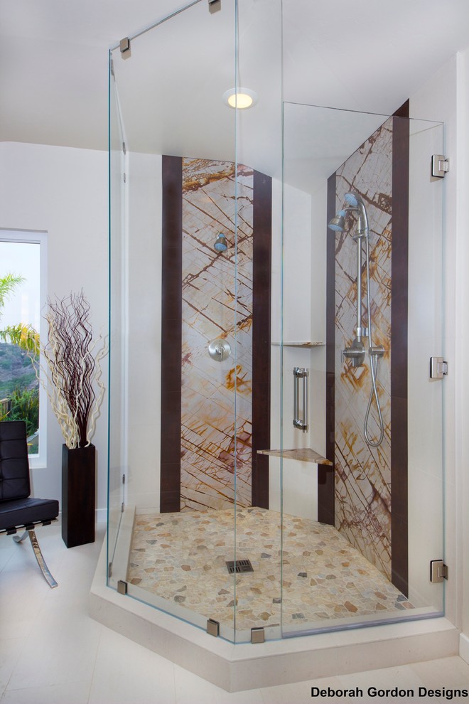 Example of a large minimalist master multicolored tile and ceramic tile porcelain tile double shower design in San Diego with flat-panel cabinets, dark wood cabinets, a one-piece toilet, white walls, an undermount sink and granite countertops