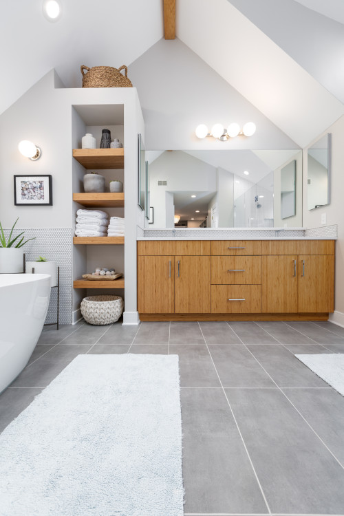 Modern Farmhouse Bliss: Revel in Wood Vanity and Gray Floor Tiles in Your Bathroom Shelf Ideas