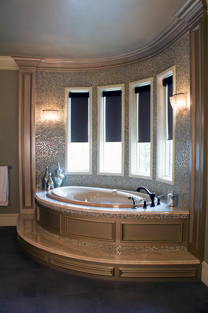 Master Bathroom with Large Jetted Tub and Metallic Tile - Transitional ...