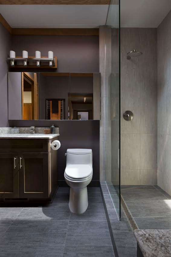 Пример оригинального дизайна: маленькая главная ванная комната в стиле модернизм с фасадами с утопленной филенкой, фасадами цвета дерева среднего тона, душем в нише, унитазом-моноблоком, серой плиткой, керамогранитной плиткой, фиолетовыми стенами, полом из керамогранита, врезной раковиной, столешницей из искусственного кварца, серым полом и открытым душем для на участке и в саду