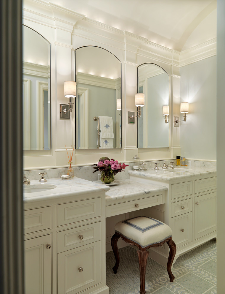 Mid-sized elegant bathroom photo in Boston with marble countertops, beaded inset cabinets, white cabinets, white walls, an undermount sink and white countertops