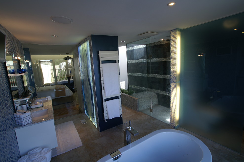 Bathroom - large asian master bathroom idea in Philadelphia with glass-front cabinets