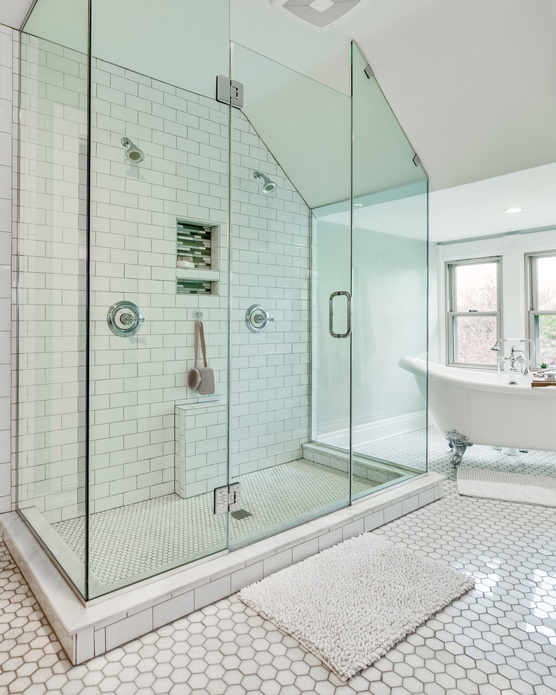 Example of a large trendy master white tile and stone tile marble floor bathroom design in Columbus with an undermount sink, raised-panel cabinets, dark wood cabinets, wood countertops, a two-piece toilet and gray walls
