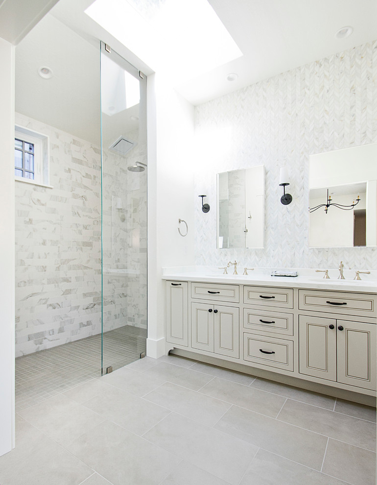 Photo of a medium sized classic ensuite wet room bathroom in San Francisco with beaded cabinets, beige cabinets, white tiles, marble tiles, white walls, porcelain flooring, marble worktops, grey floors and an open shower.