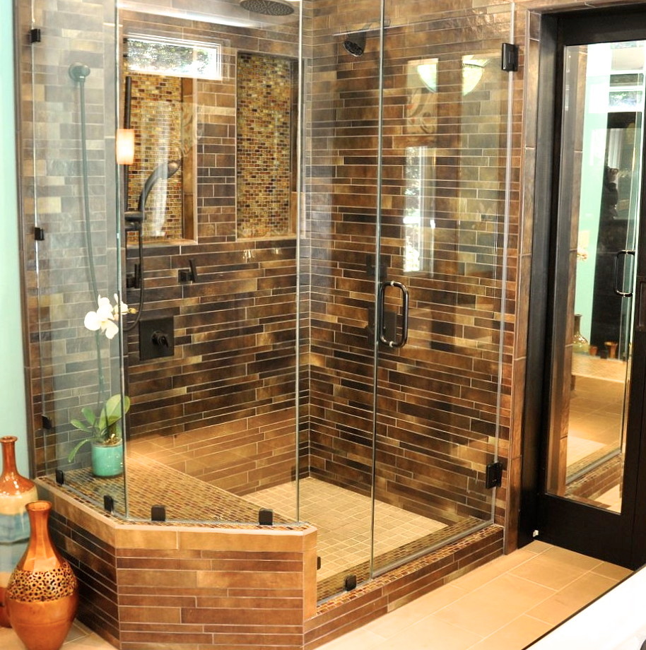 Inspiration for a mid-sized contemporary master brown tile and ceramic tile medium tone wood floor double shower remodel in San Francisco with an undermount tub, a one-piece toilet and blue walls